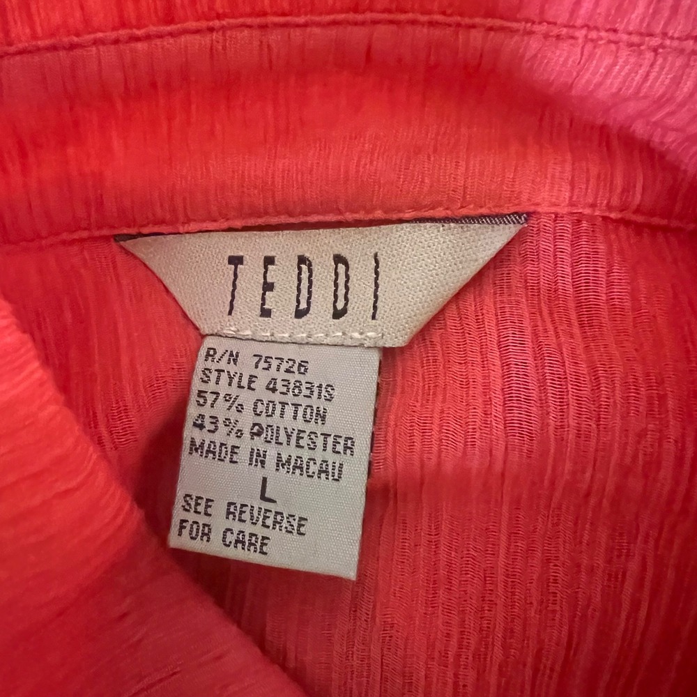Teddi Embroidered Floral Button Down Gauzy 3/4 Sleeve Coral Top‎ Blouse - Picture 11 of 12